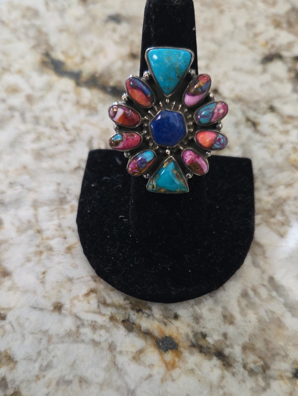 Handmade Turquoise & Pink Dream Floral Ring With Lapis Center - Women Jewelry
